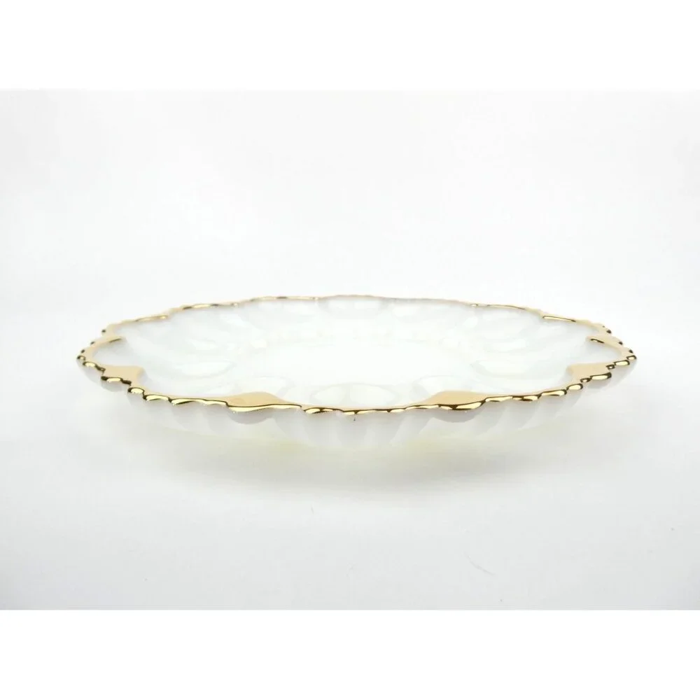 Vintage‎ Anchor Hocking Milk Glass Deviled Egg Plate With Gold Trim